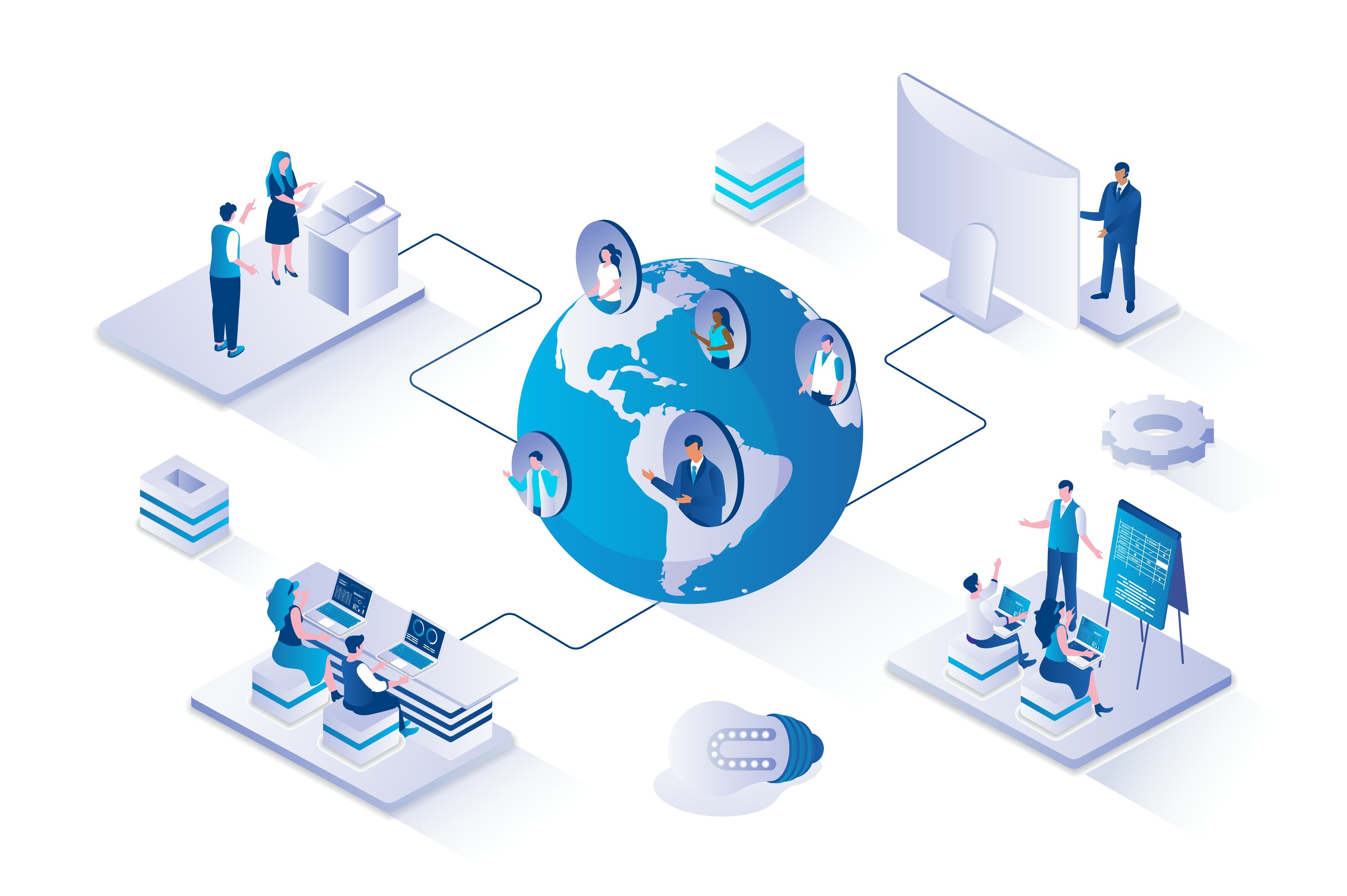 Isometric illustration of a connected global team around a data platform