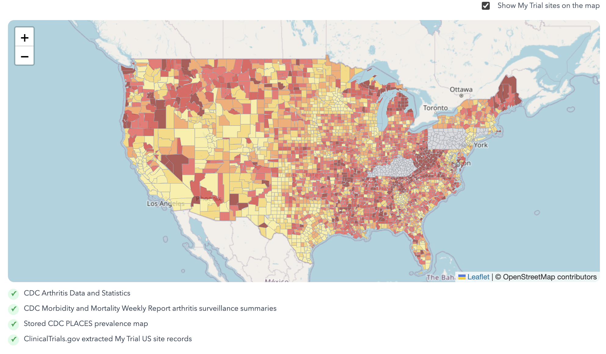 US county-level condition prevalence heatmap with trial sites
