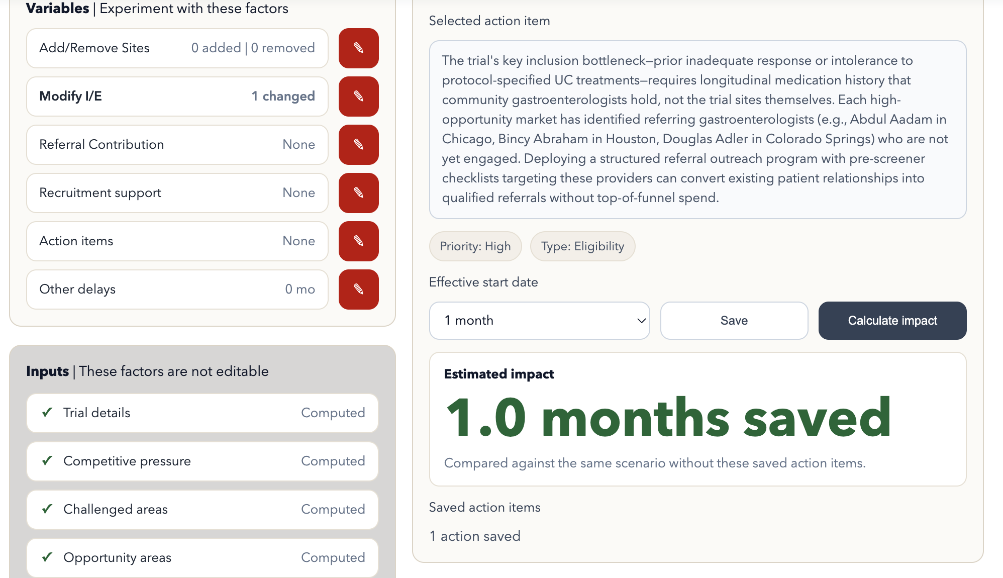 Selected action item with estimated months saved