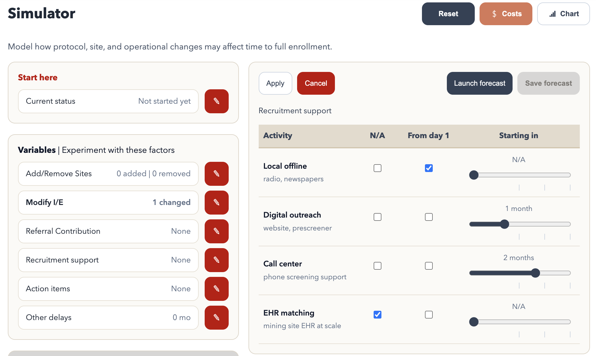 Simulator recruitment-support activities with timing controls