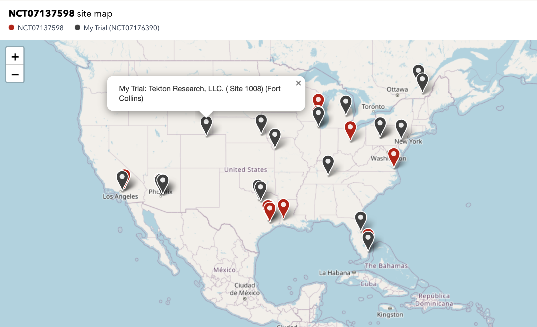 Map of the trial sites across the US versus a comparator trial